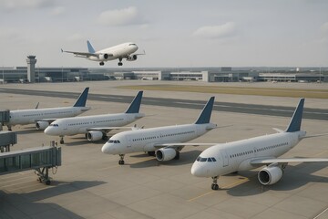 A realistic airport scene with several airplanes parked at gates and one aircraft landing on the runway, showcasing aviation activity under a clear sky