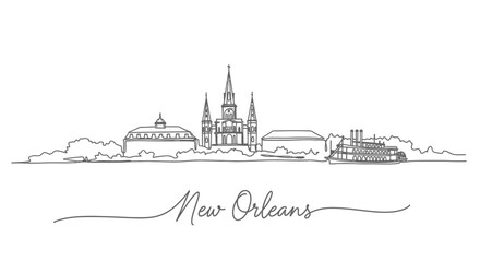 Obraz premium New Orleans Skyline Line Art Silhouette with Travel, and Cityscape.
