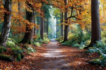 Obraz premium Autumn forest pathway surrounded by vibrant fall foliage and tall trees