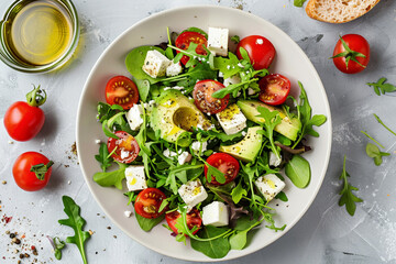 Fresh Avocado Salad Bowl with Mixed Greens and Cherry Tomatoes