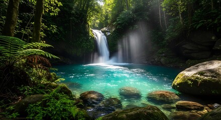 Obraz premium Serene waterfall cascading into a vibrant turquoise pool, surrounded by lush green tropical foliage. Sunbeams illuminate the mist, creating a magical atmosphere.