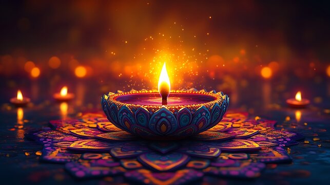 Ornate diya with glowing flame on colorful mandala pattern with bokeh lights oil lamp
