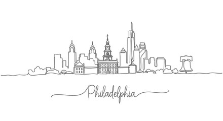 Naklejka premium Philadelphia Skyline Line Art Illustration with Cityscape, and USA.