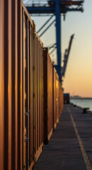 Obraz premium Close up view of shipping container at commercial port in the early morning. Logistics and global trade industry. Cargo transportation background with copy space.