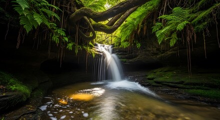 Serene waterfall cascading into a lush green pool, surrounded by ferns and moss-covered rocks. Sunlight filters through the canopy, creating a magical atmosphere.