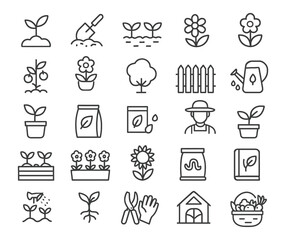 Gardening and farming thin line icon set. Plant growth vector symbols.