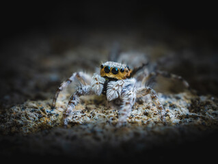 Extreme close-up macro of a jumping spider with vivid black eyes and hairy legs. The detailed...