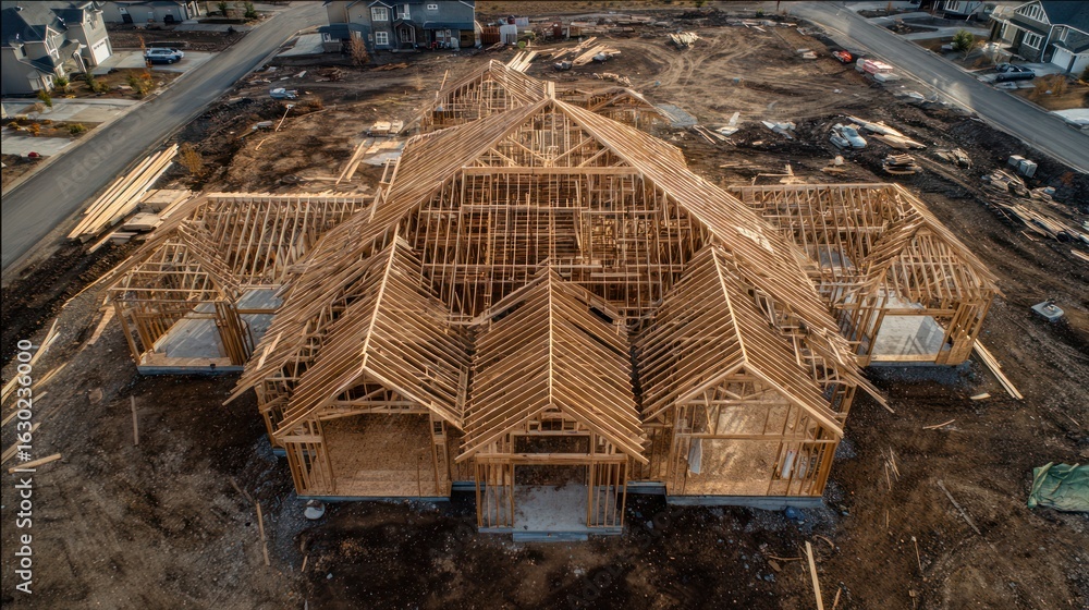 Poster constructing a framework: an aerial view captures the intricate framework of a modern residence unde