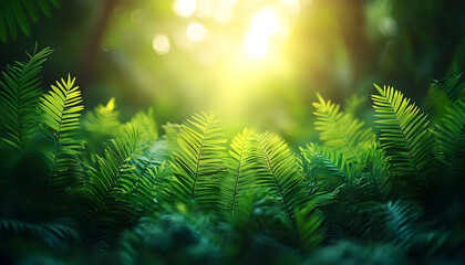 Sunlit Fern Canopy: A Lush Green Forest Floor with Bokeh Highlig
