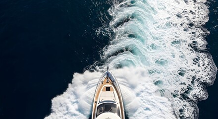 Luxury motor yacht speeding across dark blue ocean water, leaving a white wake. Aerial view.
