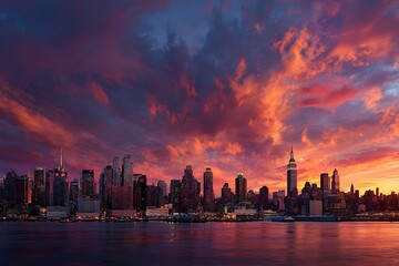 Obraz premium Colorful sunset over the New York City skyline.