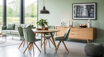 Modern Dining Room with Sage Green Accents and Panoramic Views