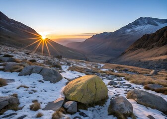 Sunrise Over Snowy Mountain Valley
