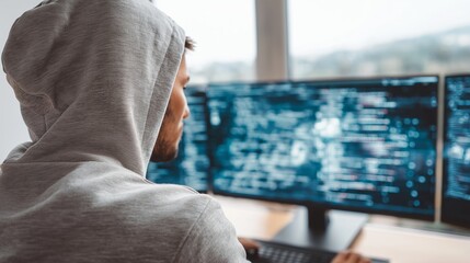 A male programmer wearing a hoodie works at a multi-monitor setup displaying blue lines of code. Ideal representation of backend development, cybersecurity, or focused tech work