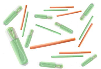 Top view of cool school materials, such as pencils and markeres arranged on transparent background