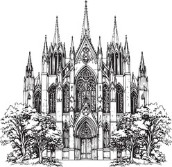 Fototapeta premium Gothic Cathedral Facade with Trees, Hand-Drawn Engraving