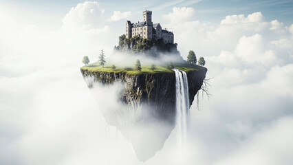 Surreal Floating Island with a Castle Above the Clouds.

