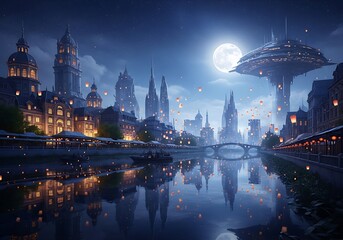 Fototapeta premium Futuristic city by a river at night.