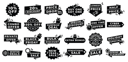 Set of Black And White Discount Badges Sale Offer Icons, Advertisting, Label, Price, Tag, Sticker, Banner, Promo, Template, Vector Design Illustration