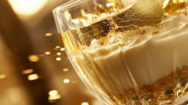 Gold leaf application on elegant layered dessert in crystal glass, premium restaurant presentation with luxurious edible gold garnish and soft ambient lighting