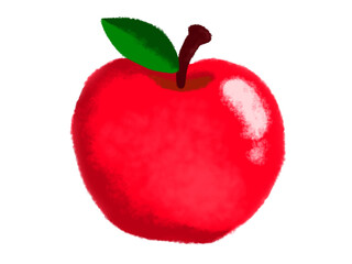 Illustration of bright red apple with green leaf.