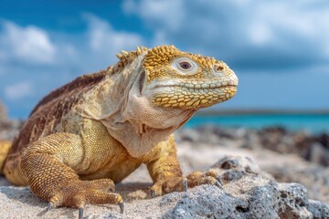 Fototapeta premium A land iguana yellowscaled with black claws sits on rocky terrain against a blue sky with blurred water in the background