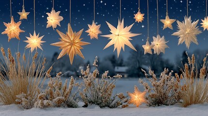 Glowing Geometric Stars Above Snowy Winter Landscape at Night