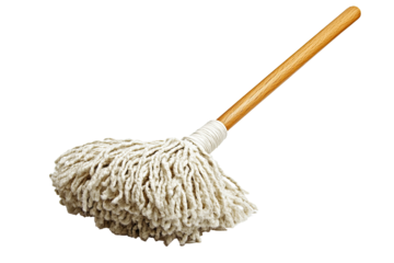 Cotton string mop with wooden handle for cleaning and floor care isolated on white transparent background