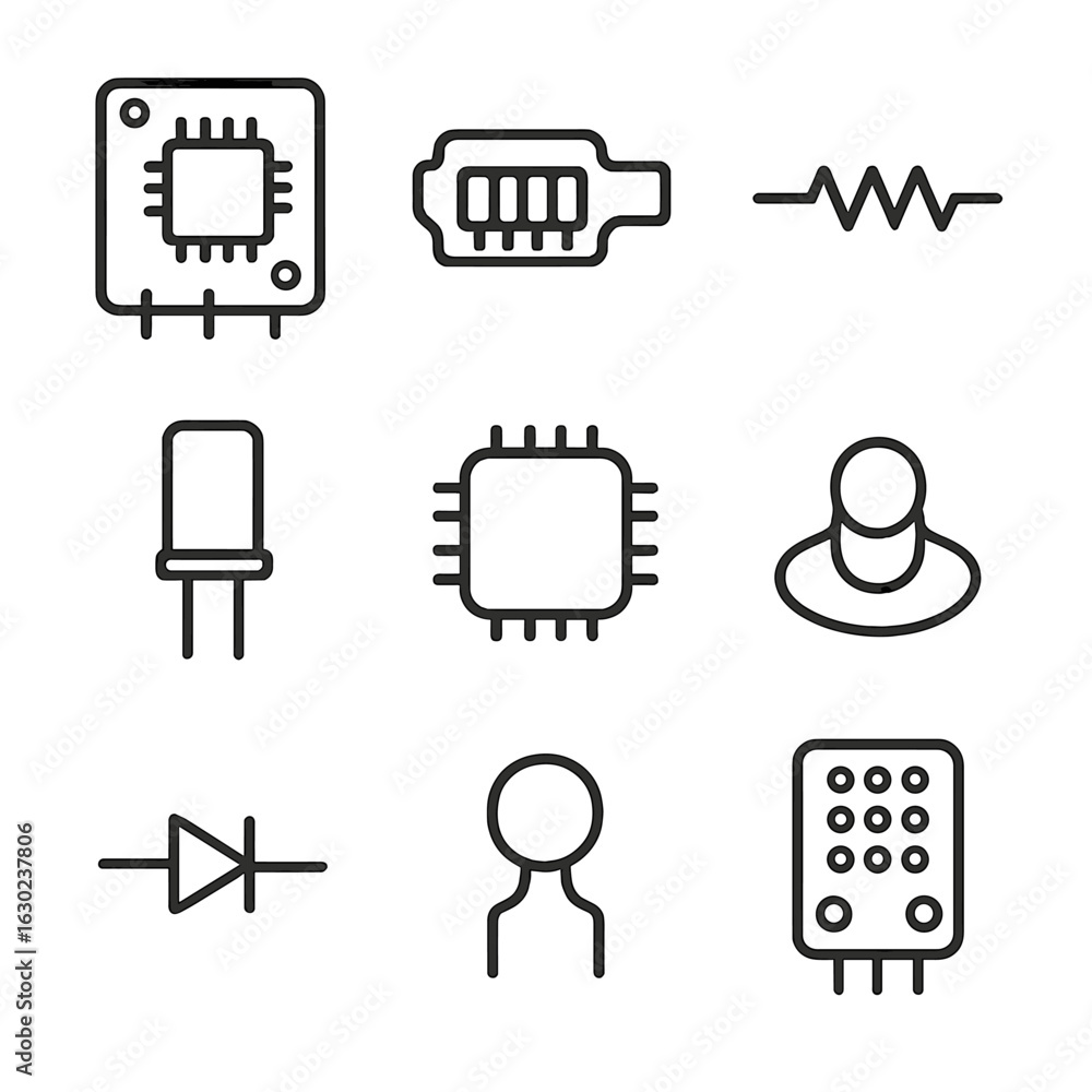 Poster modular electronics icons. outline icon set of modular electronics design: pcb module, connector, re