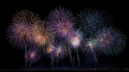 Fiery Sky Display: A vibrant display of colorful fireworks illuminates the night sky, bursting forth in a spectacle of light and wonder. 