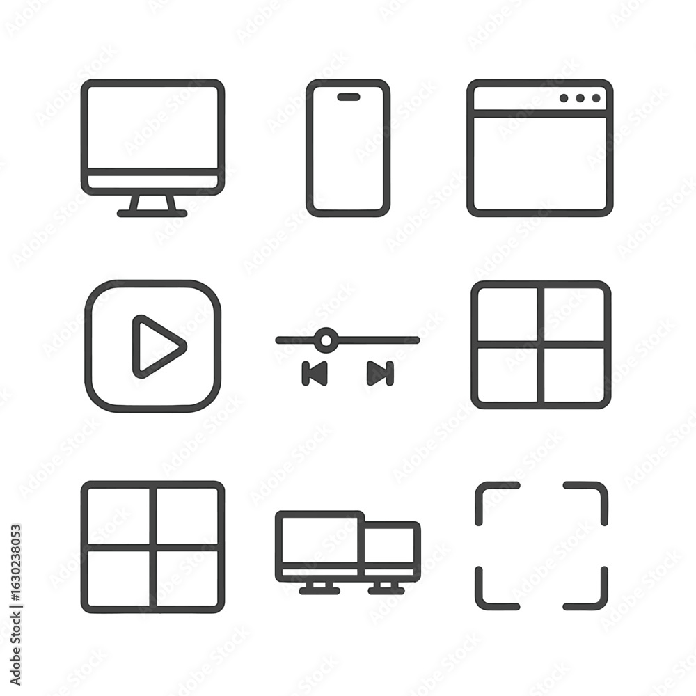 Poster monitoring icons set. outline icon set of monitoring interfaces: monitor screen, mobile app icon, we