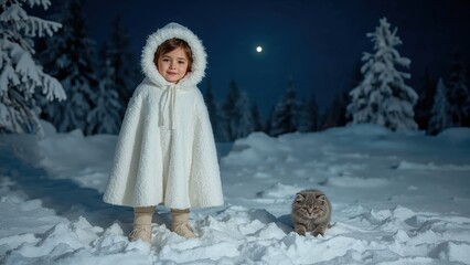 Smiling child in white winter hooded coat stands with fluffy cat on snowy night under full moon and snowcovered trees
