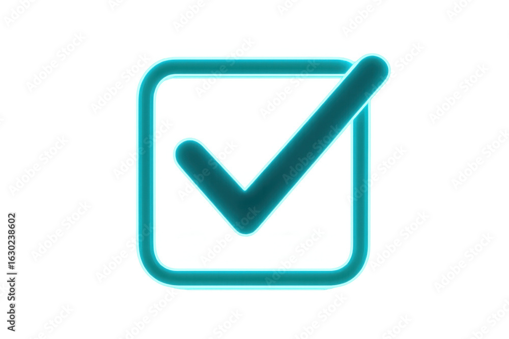 Poster glowing neon check mark symbol in a box on a transparent background, ideal for digital compositions