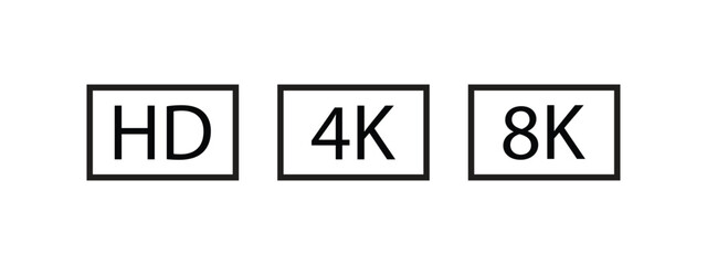 icon set representing video resolutions HD, 4K, and 8K, suitable for multimedia and tech-related projects.