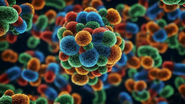Microscopic organism cluster, colorful cells background, biology concept - Powered by Adobe