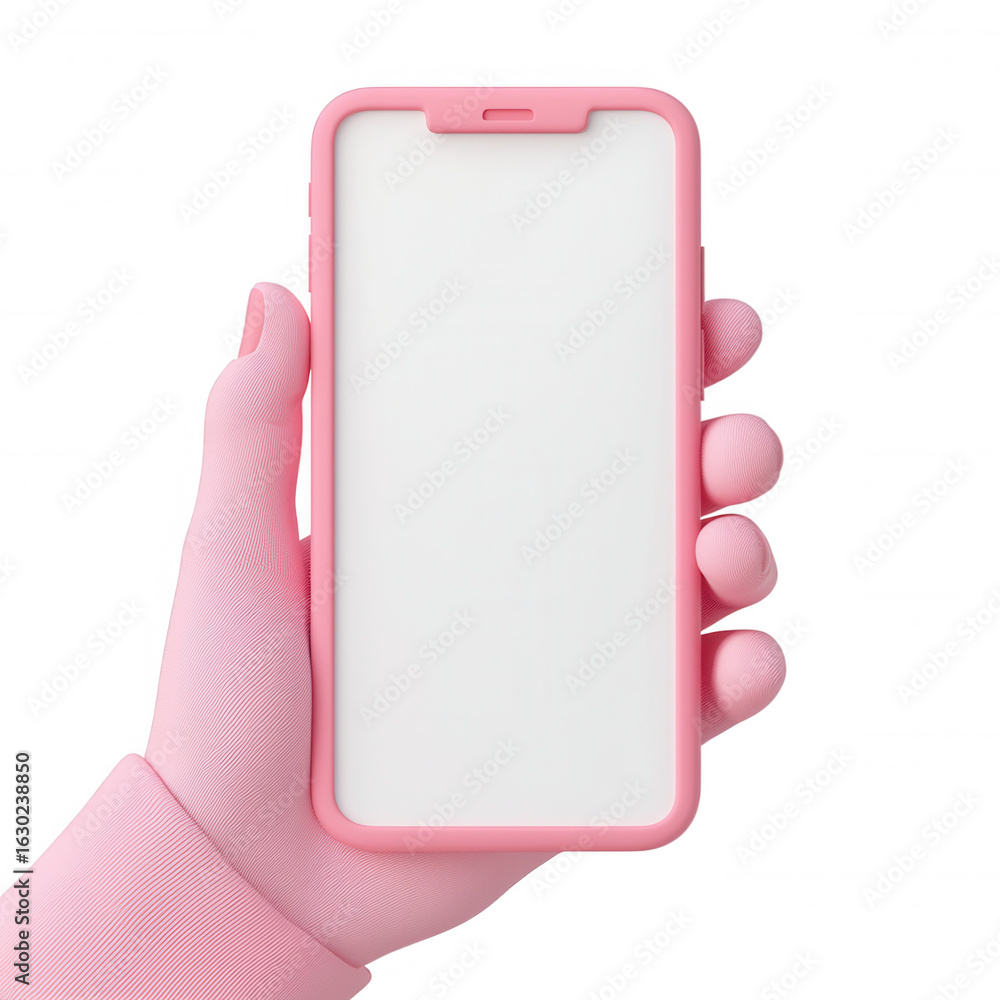 Poster 3d icon blank smartphone cartoon pink display held by animated with hand, digital mockup for app int