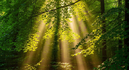 Obraz premium Sunlight filtering through green forest canopy background 3