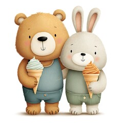 Adorable Bear and Bunny Sharing Ice Cream Cones