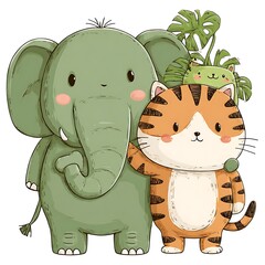 Cute Cartoon Elephant and Tiger Hugging, Kawaii Style Illustration