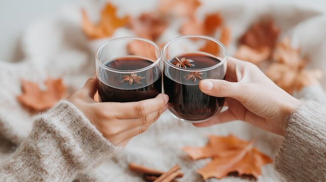 Close-up of two hands toasting with glasses of dark beverage against a warm fall backdrop. Celebrating friendship and coziness in seasonal tones. Ideal for autumn, beverages, or lifestyle content
