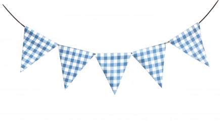Blue 3d icon checkered bunting flags party on rope, creating festive against decor hanging transparent background, ideal for celebratory settings