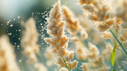 A close-up of golden grass plumes swaying gently, with pollen particles shimmering in the light, creating a delicate and serene atmosphere.