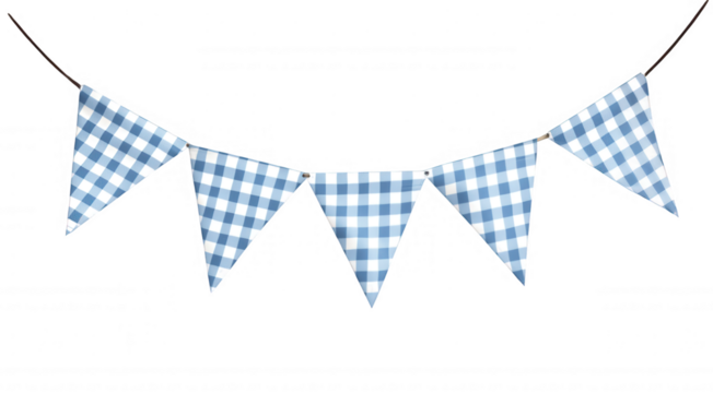 Blue 3d icon checkered bunting flags party on rope, creating festive against decor hanging transparent background, ideal for celebratory settings