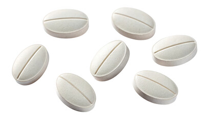 Seven oval white pills with a dividing line isolated on transparent background