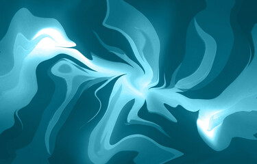 An abstract digital artwork featuring flowing waves of cyan light. The smooth gradient and luminous swirls 
