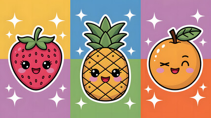 In a soft, pastel garden under a warm, golden sunlight, a set of adorable kawaii-style fruit charact