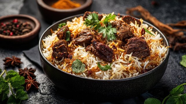 Delicious beef biryani with rice, herbs, and spices in a black bowl