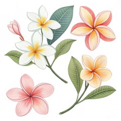 Obraz premium A collection of plumeria flowers in various colors with green leaves on a white background illustration