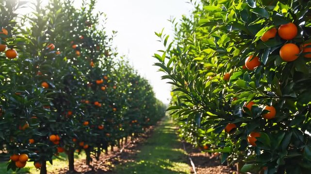 Orchard of Ripe Tangerine Trees in Morning Sunlight