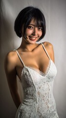 A glamorous studio portrait where the lighting enhances the Japanese woman beauty, with soft shadows and striking contrasts. This concept captures elegance and confidence.